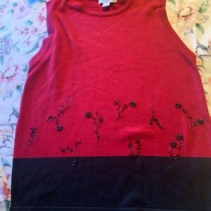 Dressbarm Red and Black Sleeveless Top with Floral Embroidery Size Small